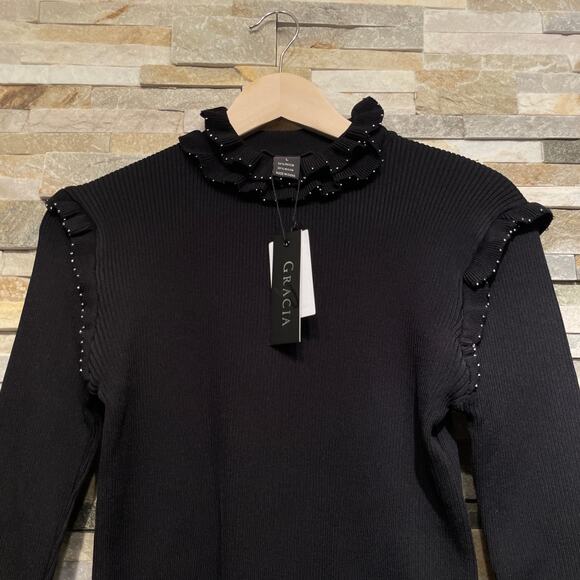 Gracia Stud Trim Ruffle Neck Black Sweater L | Y2K Glam, Beaded Holiday Knit NWT - Picture 6 of 6